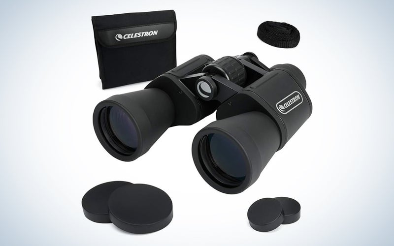 Black Celestron UpClose G2 10x50 budget binoculars for astronomy shown with case and lens caps