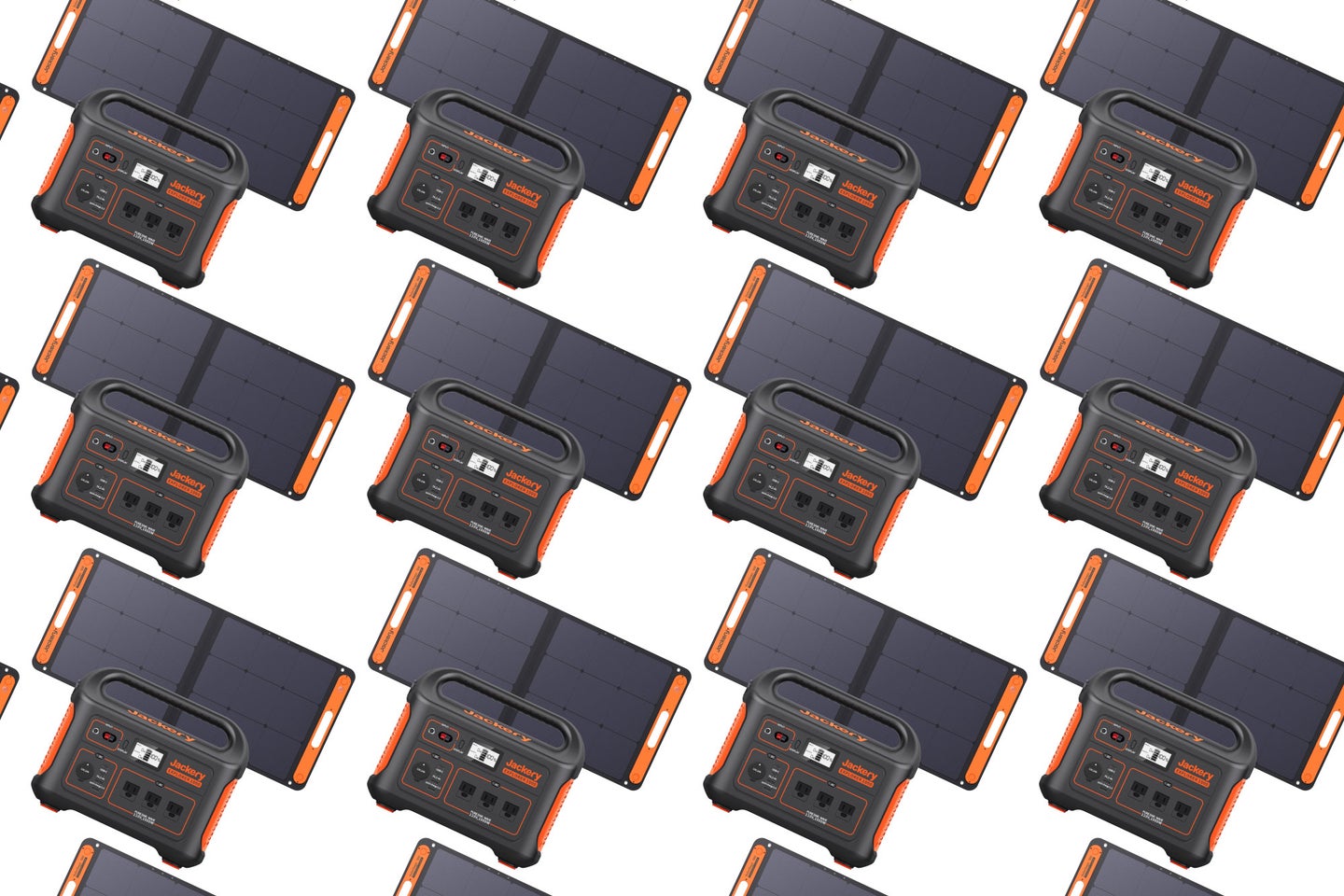 The Jackery 1000 Pro solar generator with included solar panel arranged in a pattern on a plain background