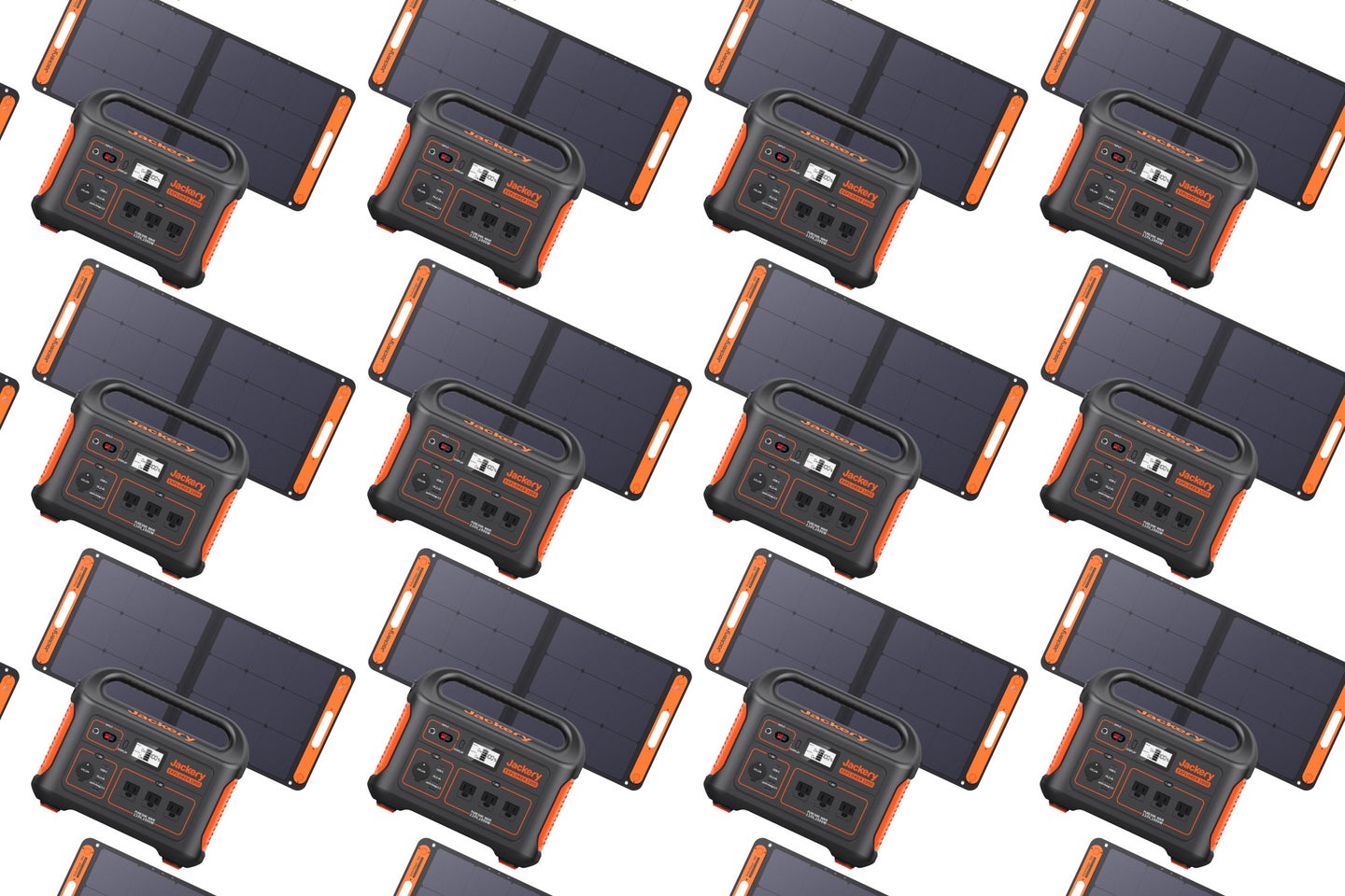 The Jackery 1000 Pro solar generator with included solar panel arranged in a pattern on a plain background