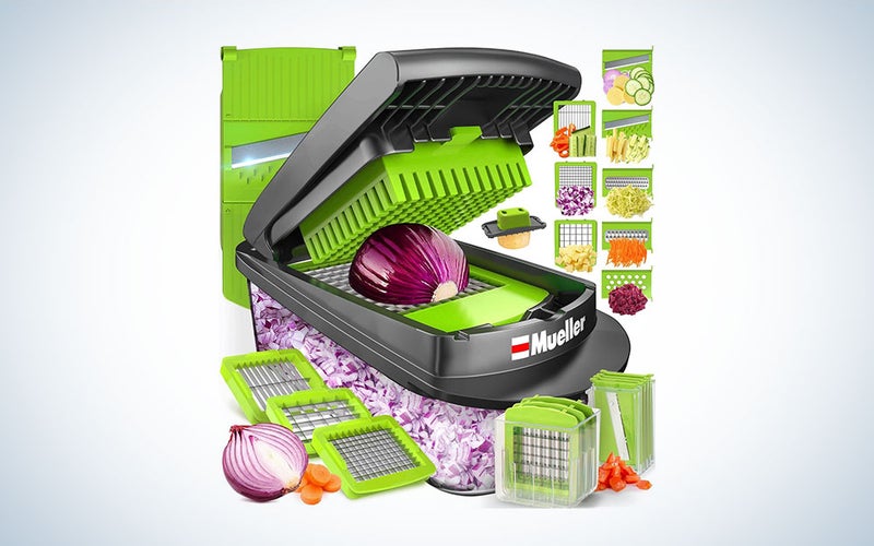 A Mueller veggie chopper on a plain background