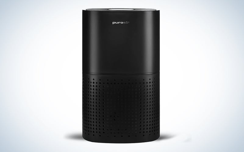 A black PuroAir HEPA 14 air purifier on a plain background