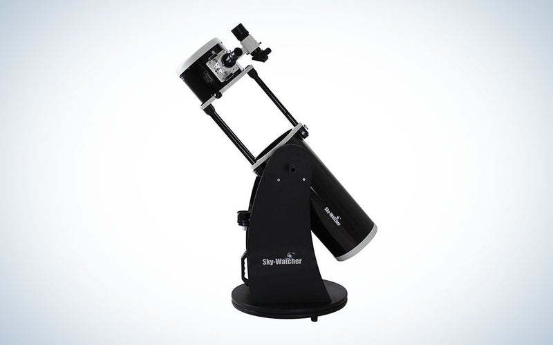 A black Sky-Watcher 8" Flextube 200P telescope on a plain background